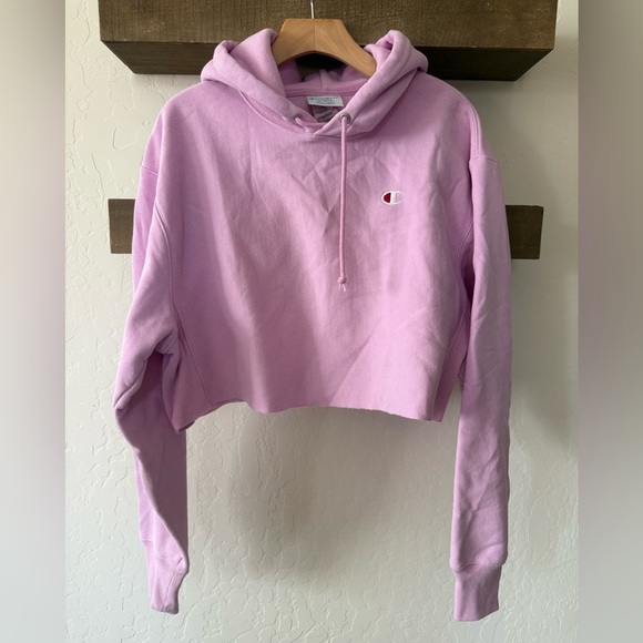 Champion|Light Pink cropped hoodie sweater,small logo•••Size LARGE, athleisure - Picture 2 of 13